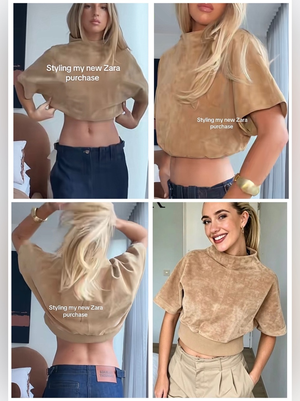Zara Suede Leather Top High Neck Short Sleeves Snap Button Closure Beige Medium - Picture 4 of 16
